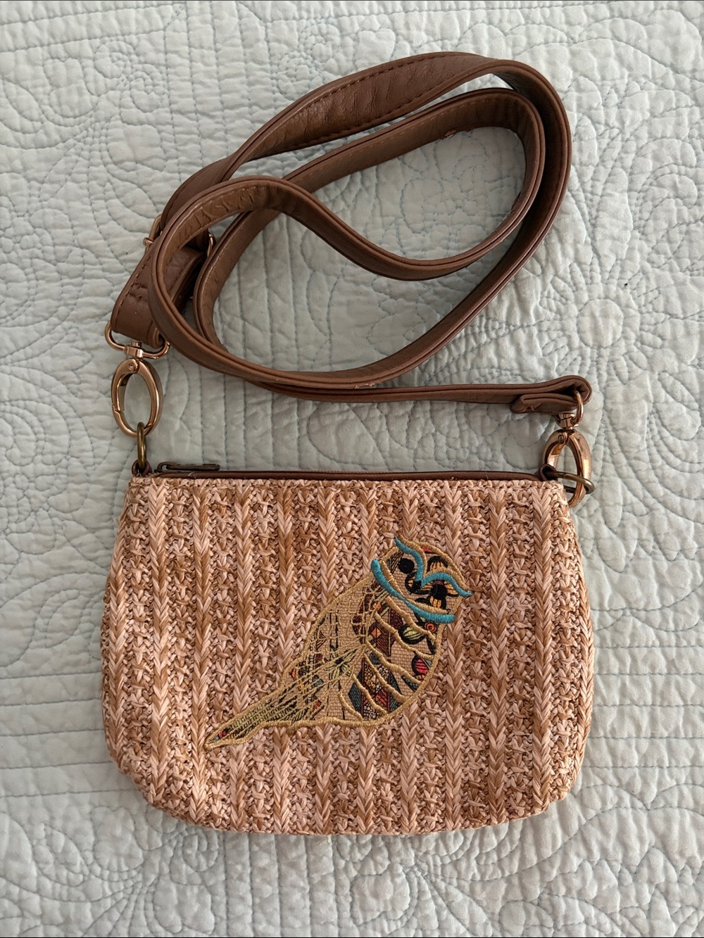 Sakroots Woven Straw Crossbody Bag with Embroidered Bird - Brown/Tan